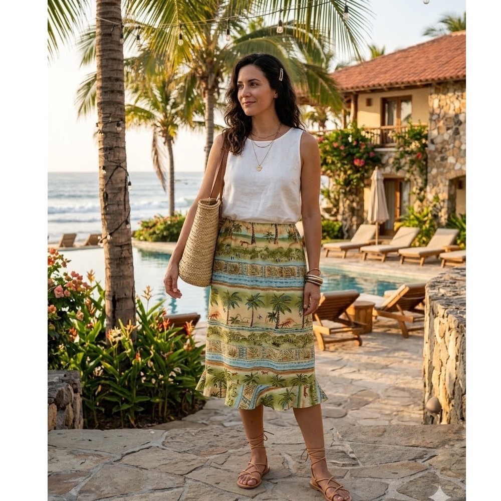 Weekend ClothLine Tropical Safari‎ Midi Skirt Sz M Rayon Palm Tree Cheetah Print